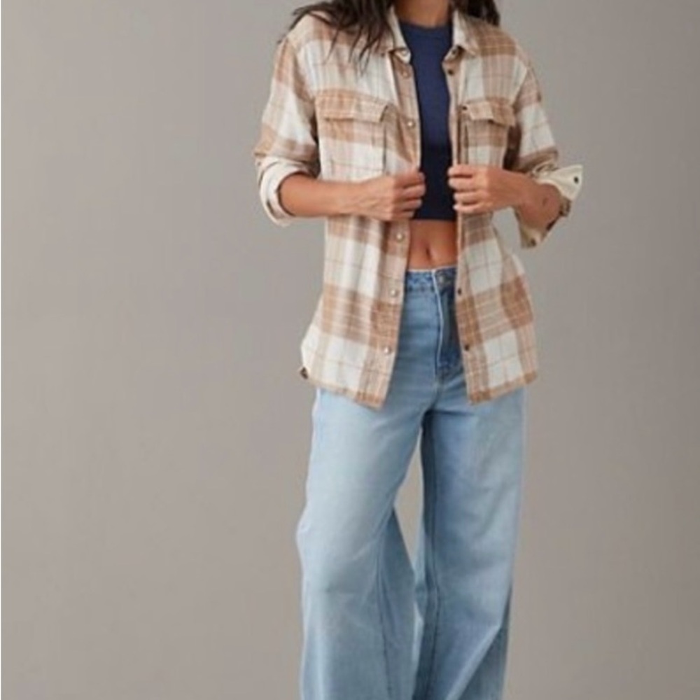 American Eagle Outfitters Plaid Shirt - Tan and White
